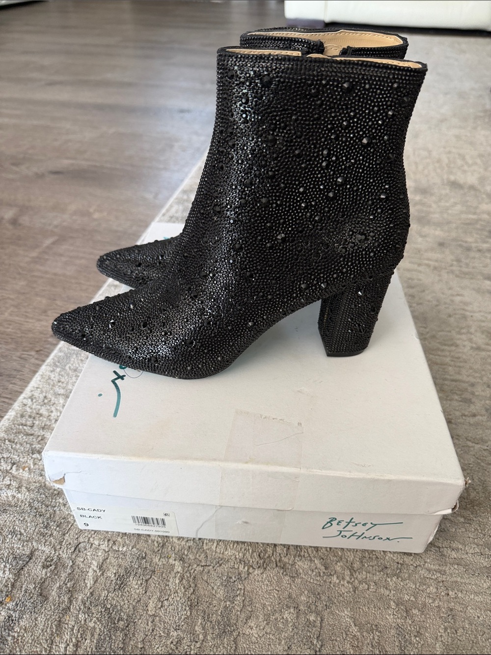 Betsey Johnson Rhinestone Ankle Boots Women’s Size 9 Black Chunky Heel Sparkly